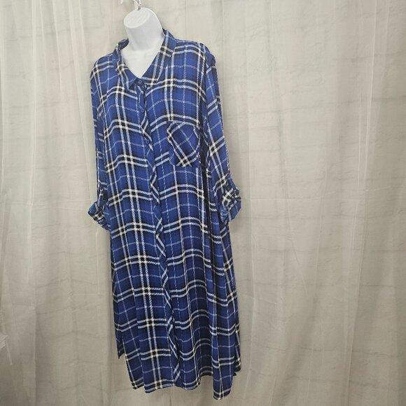 Catherines Blue White Plaid Button Down Shirt Dress Preppy Roll Tab 4X - Picture 6 of 12